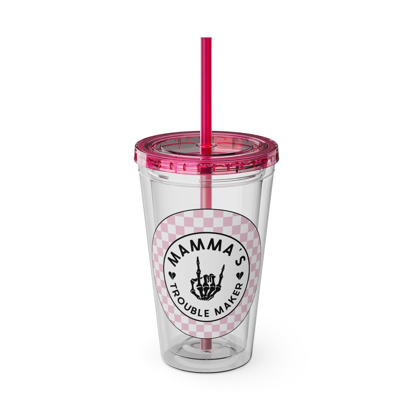 ππ MAMMAβS TROUBLE MAKER β PINK CHECKERED 16 OZ TUMBLER ππ