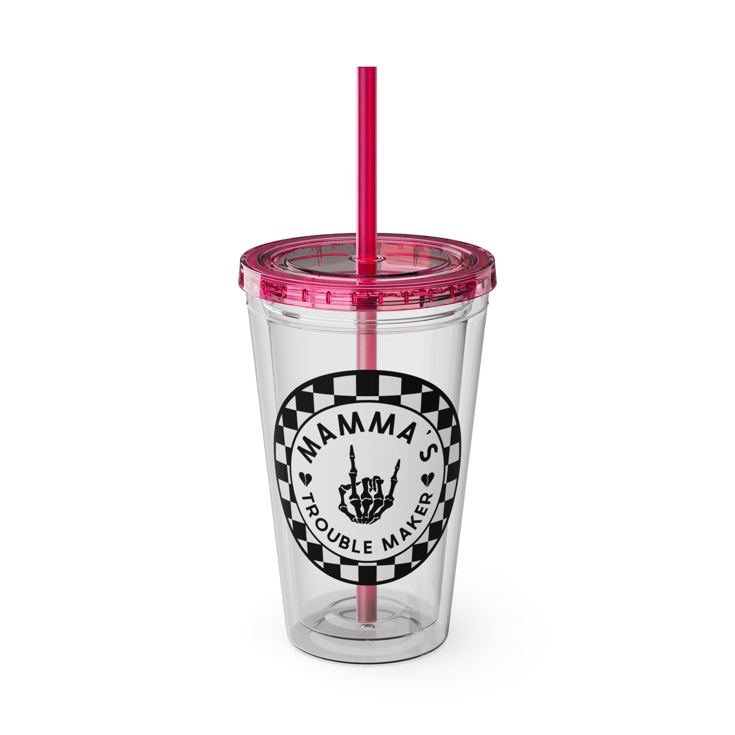 🖤⚡ 16oz-MAMMA’S TROUBLE MAKER CHECKERBOARD TUMBLER – FOR THE MINI REBEL WITH BIG ENERGY ⚡🖤