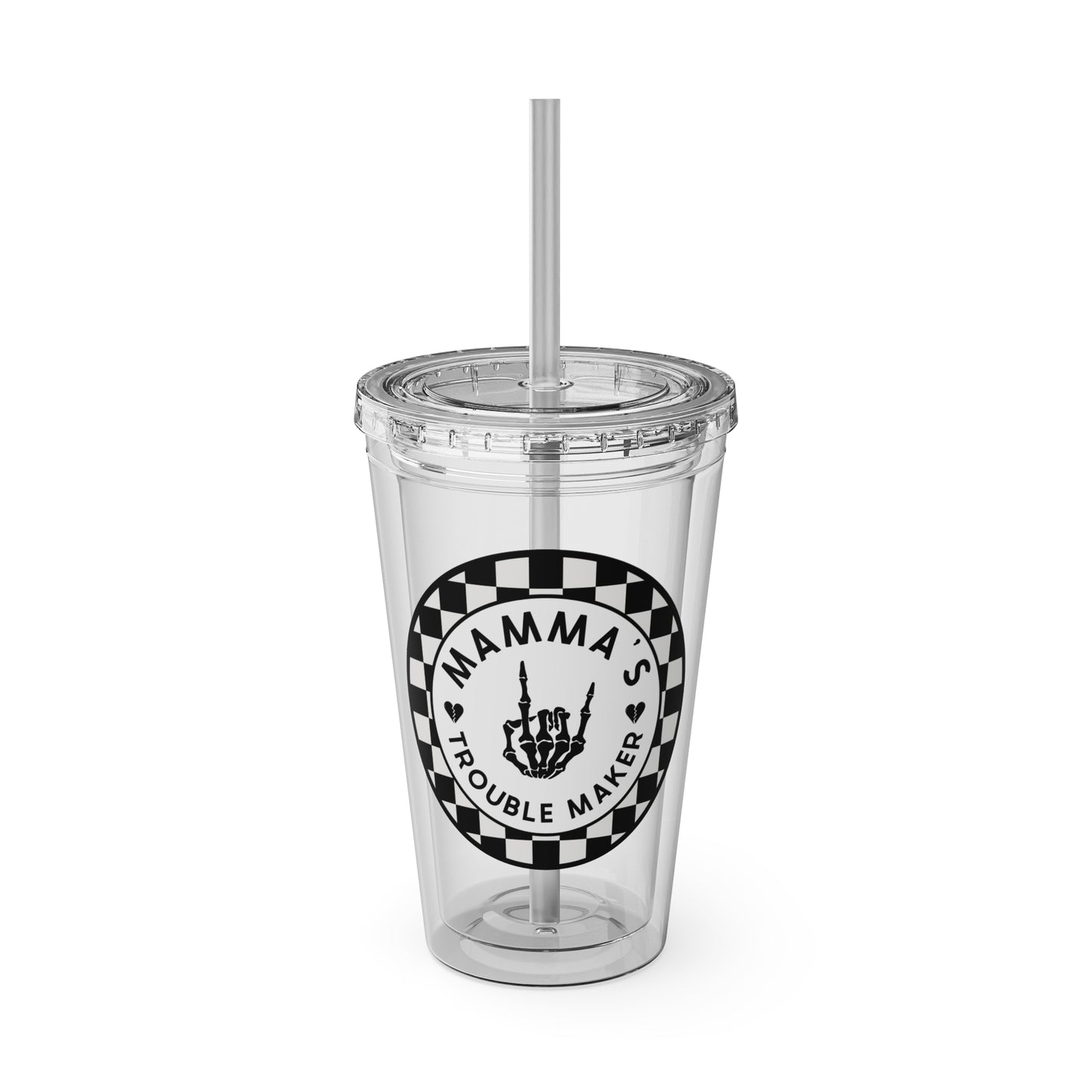 🖤⚡ 16oz-MAMMA’S TROUBLE MAKER CHECKERBOARD TUMBLER – FOR THE MINI REBEL WITH BIG ENERGY ⚡🖤
