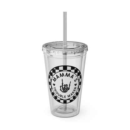 🖤⚡ 16oz-MAMMA’S TROUBLE MAKER CHECKERBOARD TUMBLER – FOR THE MINI REBEL WITH BIG ENERGY ⚡🖤