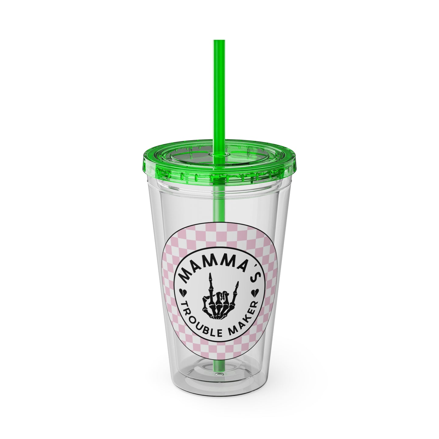 💖💀 MAMMA’S TROUBLE MAKER – PINK CHECKERED 16 OZ TUMBLER 💀💖