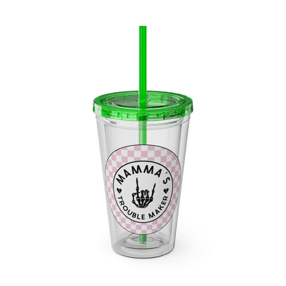 💖💀 MAMMA’S TROUBLE MAKER – PINK CHECKERED 16 OZ TUMBLER 💀💖