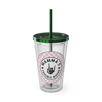 💖💀 MAMMA’S TROUBLE MAKER – PINK CHECKERED 16 OZ TUMBLER 💀💖
