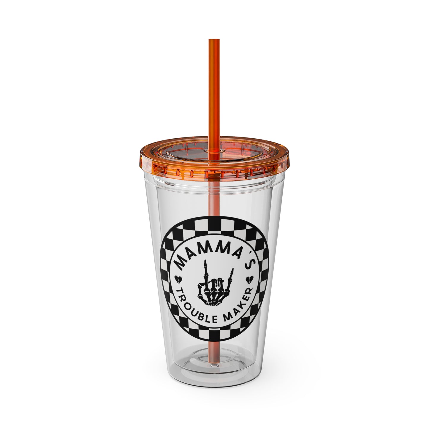 🖤⚡ 16oz-MAMMA’S TROUBLE MAKER CHECKERBOARD TUMBLER – FOR THE MINI REBEL WITH BIG ENERGY ⚡🖤
