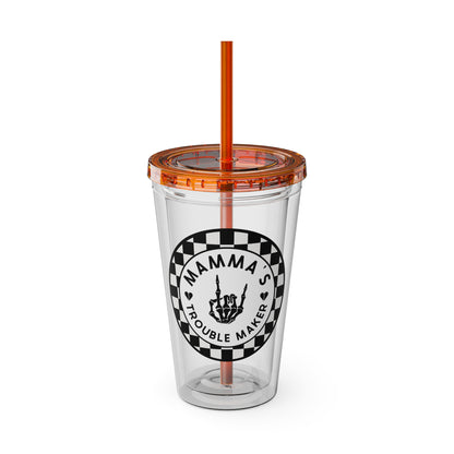 🖤⚡ 16oz-MAMMA’S TROUBLE MAKER CHECKERBOARD TUMBLER – FOR THE MINI REBEL WITH BIG ENERGY ⚡🖤