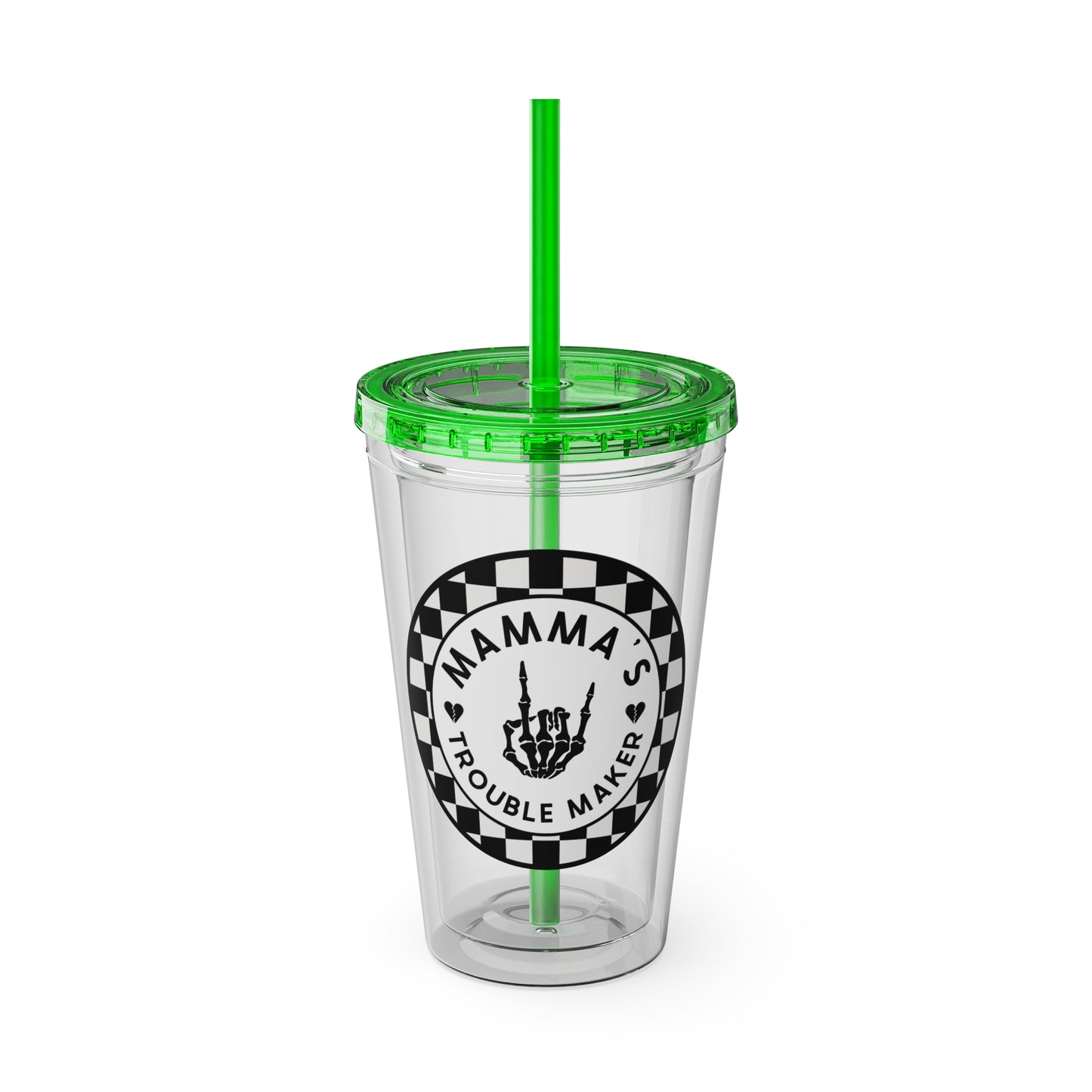 🖤⚡ 16oz-MAMMA’S TROUBLE MAKER CHECKERBOARD TUMBLER – FOR THE MINI REBEL WITH BIG ENERGY ⚡🖤