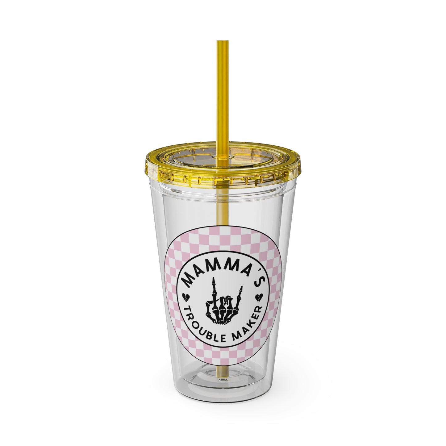 💖💀 MAMMA’S TROUBLE MAKER – PINK CHECKERED 16 OZ TUMBLER 💀💖