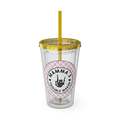💖💀 MAMMA’S TROUBLE MAKER – PINK CHECKERED 16 OZ TUMBLER 💀💖
