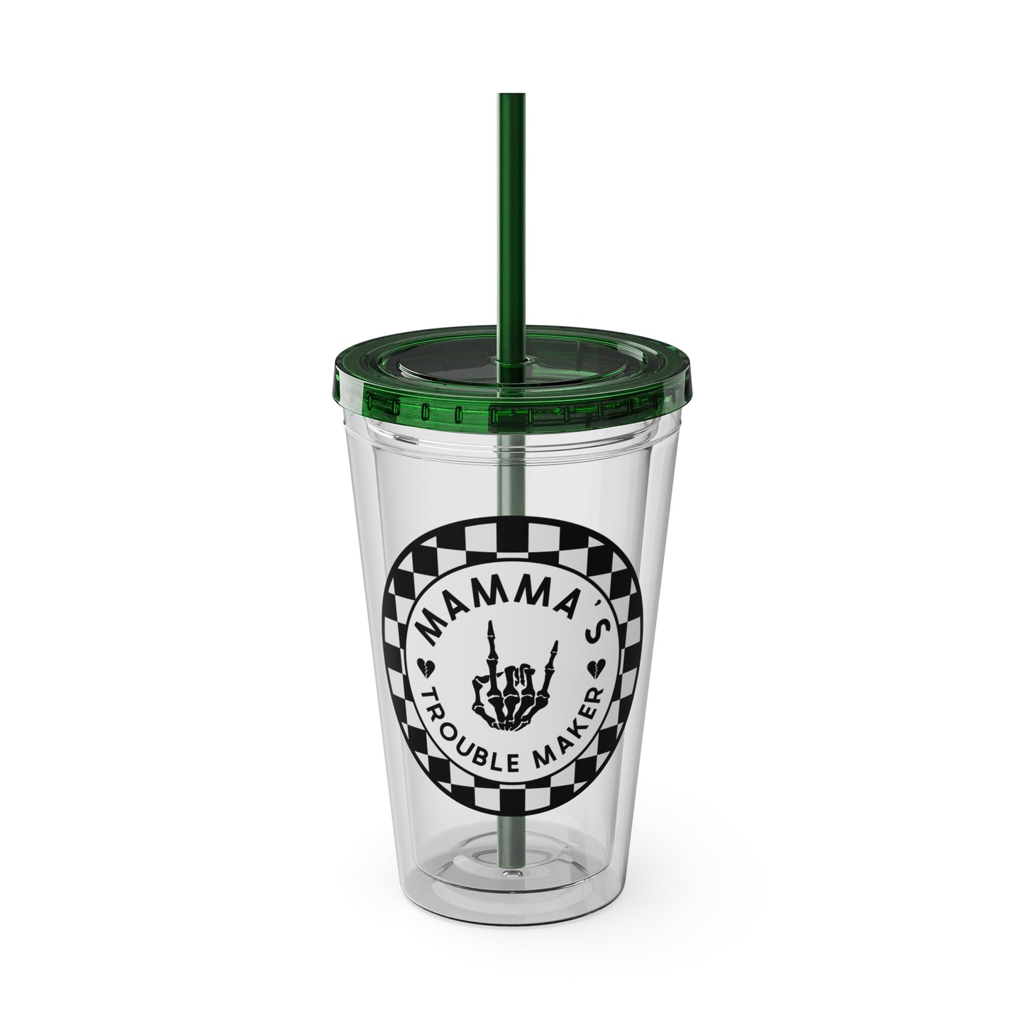 🖤⚡ 16oz-MAMMA’S TROUBLE MAKER CHECKERBOARD TUMBLER – FOR THE MINI REBEL WITH BIG ENERGY ⚡🖤
