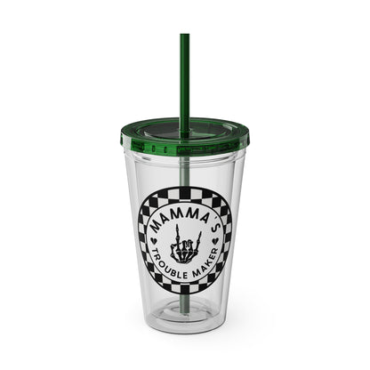 🖤⚡ 16oz-MAMMA’S TROUBLE MAKER CHECKERBOARD TUMBLER – FOR THE MINI REBEL WITH BIG ENERGY ⚡🖤