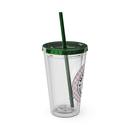 💖💀 MAMMA’S TROUBLE MAKER – PINK CHECKERED 16 OZ TUMBLER 💀💖