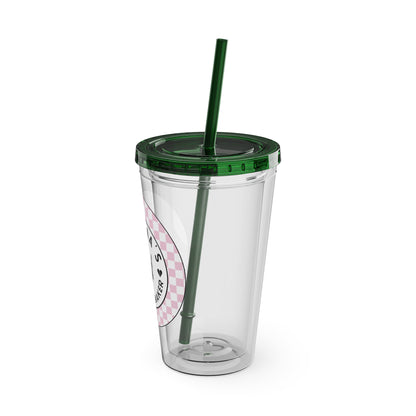 💖💀 MAMMA’S TROUBLE MAKER – PINK CHECKERED 16 OZ TUMBLER 💀💖