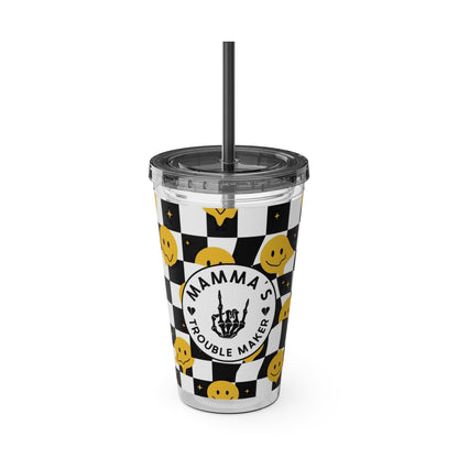 🖤⚡ MAMMA’S TROUBLE MAKER 16 OZ STRAW TUMBLER – CHAOS WITH A SMILE ⚡🖤