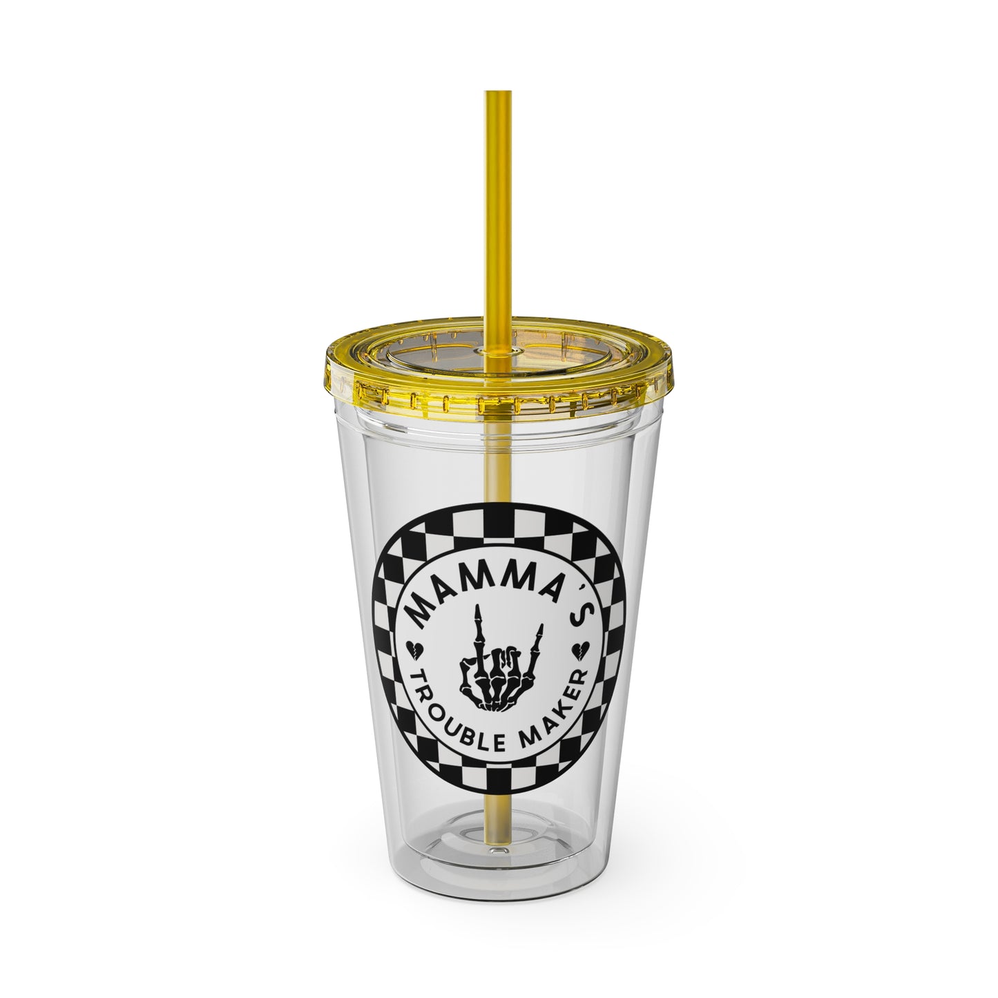 🖤⚡ 16oz-MAMMA’S TROUBLE MAKER CHECKERBOARD TUMBLER – FOR THE MINI REBEL WITH BIG ENERGY ⚡🖤