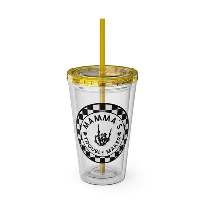 🖤⚡ 16oz-MAMMA’S TROUBLE MAKER CHECKERBOARD TUMBLER – FOR THE MINI REBEL WITH BIG ENERGY ⚡🖤