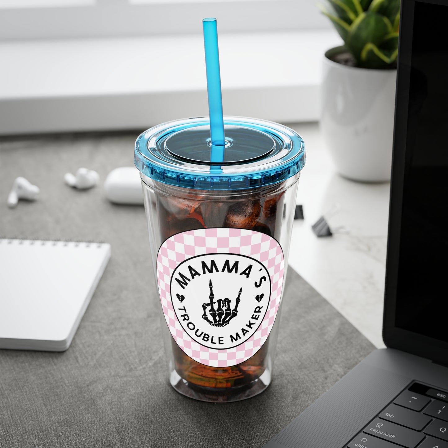 💖💀 MAMMA’S TROUBLE MAKER – PINK CHECKERED 16 OZ TUMBLER 💀💖