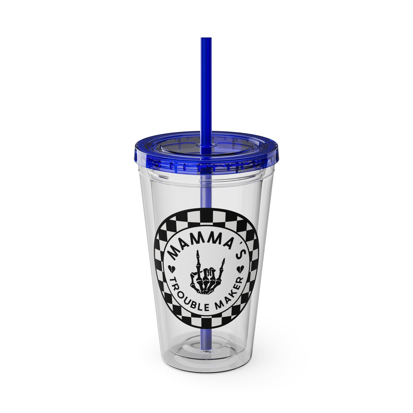 🖤⚡ 16oz-MAMMA’S TROUBLE MAKER CHECKERBOARD TUMBLER – FOR THE MINI REBEL WITH BIG ENERGY ⚡🖤