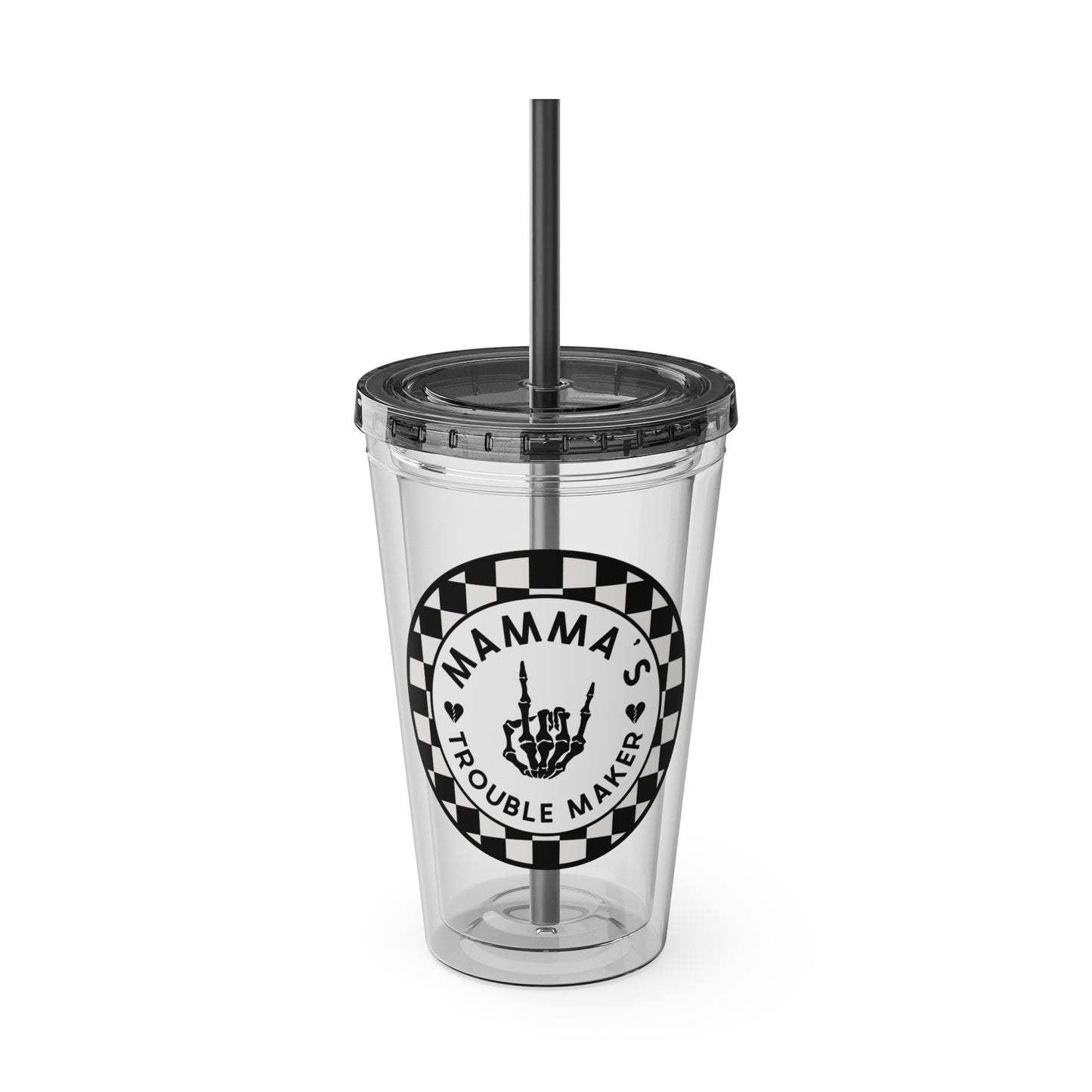🖤⚡ 16oz-MAMMA’S TROUBLE MAKER CHECKERBOARD TUMBLER – FOR THE MINI REBEL WITH BIG ENERGY ⚡🖤