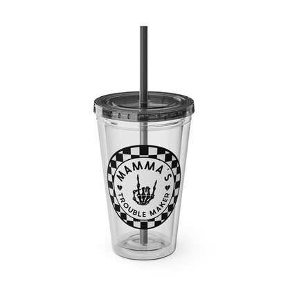 🖤⚡ 16oz-MAMMA’S TROUBLE MAKER CHECKERBOARD TUMBLER – FOR THE MINI REBEL WITH BIG ENERGY ⚡🖤