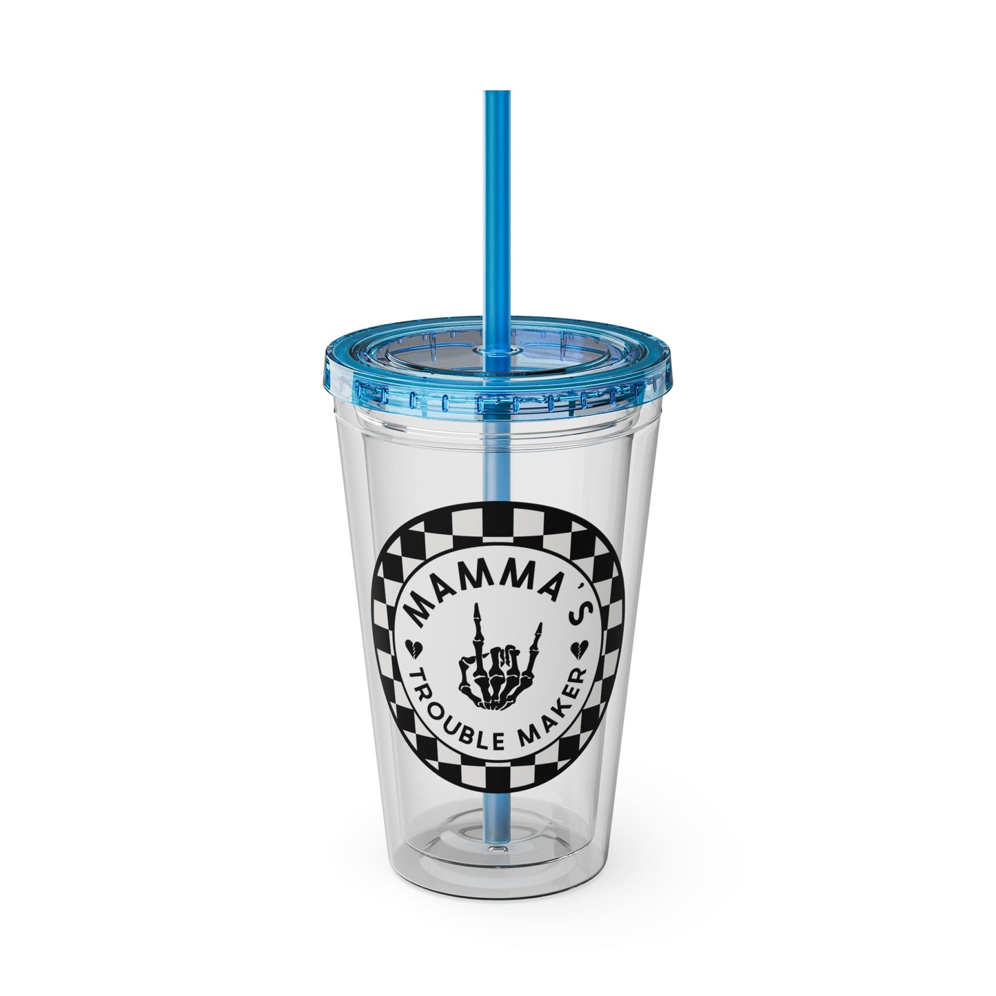 🖤⚡ 16oz-MAMMA’S TROUBLE MAKER CHECKERBOARD TUMBLER – FOR THE MINI REBEL WITH BIG ENERGY ⚡🖤