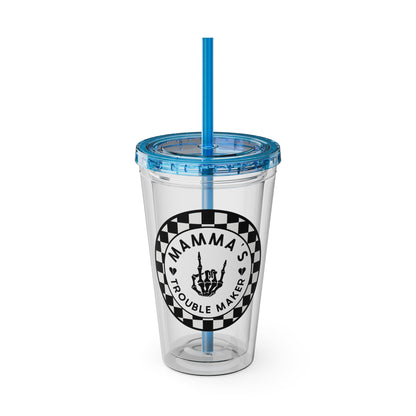 🖤⚡ 16oz-MAMMA’S TROUBLE MAKER CHECKERBOARD TUMBLER – FOR THE MINI REBEL WITH BIG ENERGY ⚡🖤