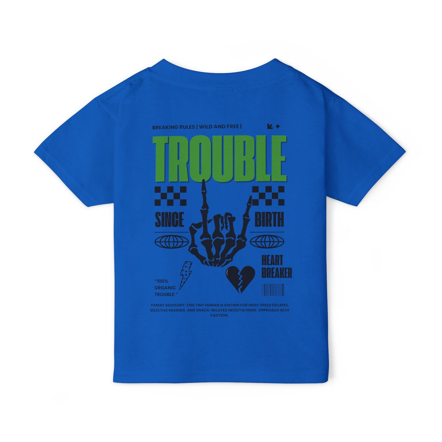 "Trouble Since Birth-Green Back" Toddler Tee – For the Wild & Free! 🤘⚡