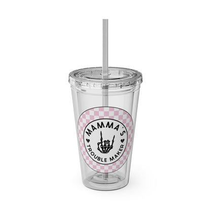 💖💀 MAMMA’S TROUBLE MAKER – PINK CHECKERED 16 OZ TUMBLER 💀💖