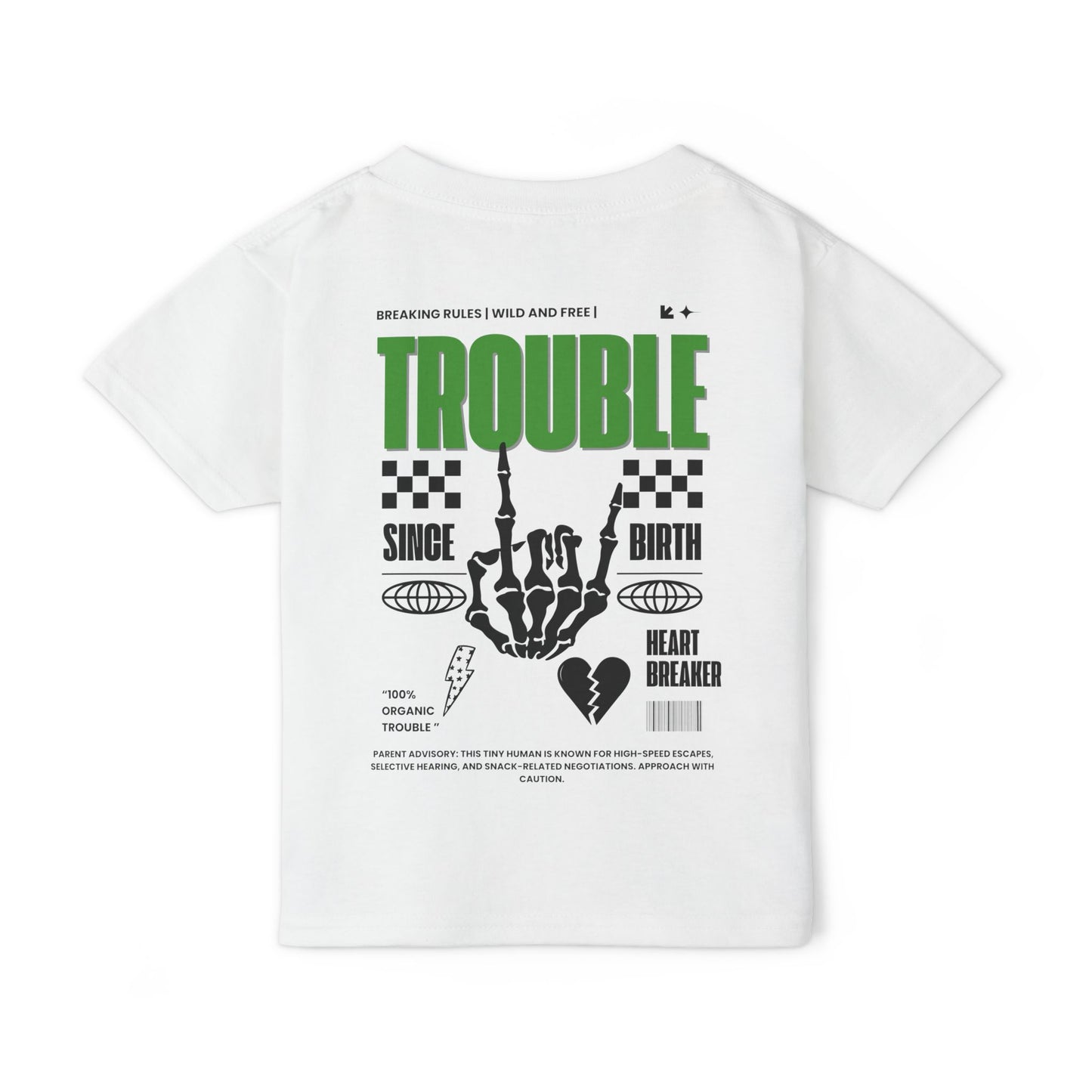 "Trouble Since Birth-Green Back" Toddler Tee – For the Wild & Free! 🤘⚡