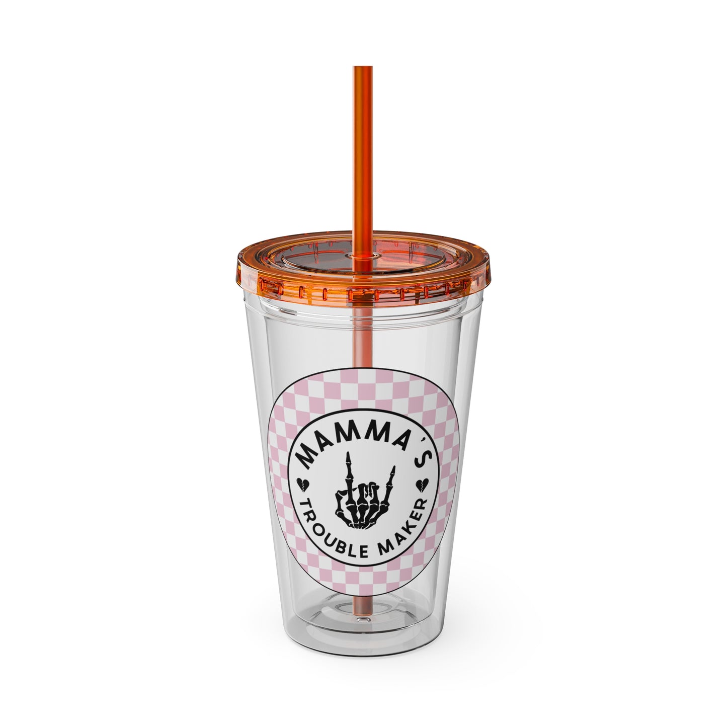 💖💀 MAMMA’S TROUBLE MAKER – PINK CHECKERED 16 OZ TUMBLER 💀💖
