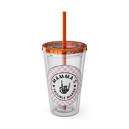 💖💀 MAMMA’S TROUBLE MAKER – PINK CHECKERED 16 OZ TUMBLER 💀💖