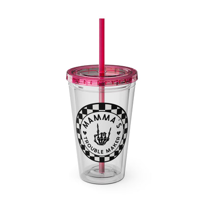 🖤⚡ 16oz-MAMMA’S TROUBLE MAKER CHECKERBOARD TUMBLER – FOR THE MINI REBEL WITH BIG ENERGY ⚡🖤