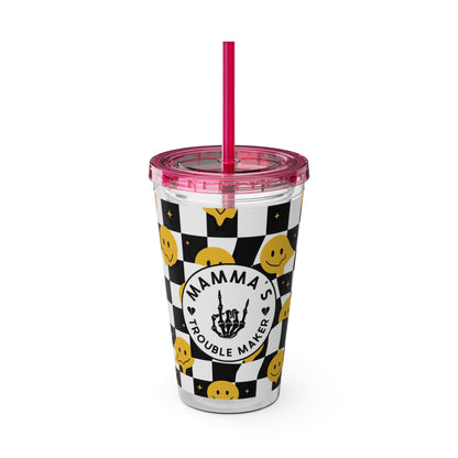 🖤⚡ MAMMA’S TROUBLE MAKER 16 OZ STRAW TUMBLER – CHAOS WITH A SMILE ⚡🖤