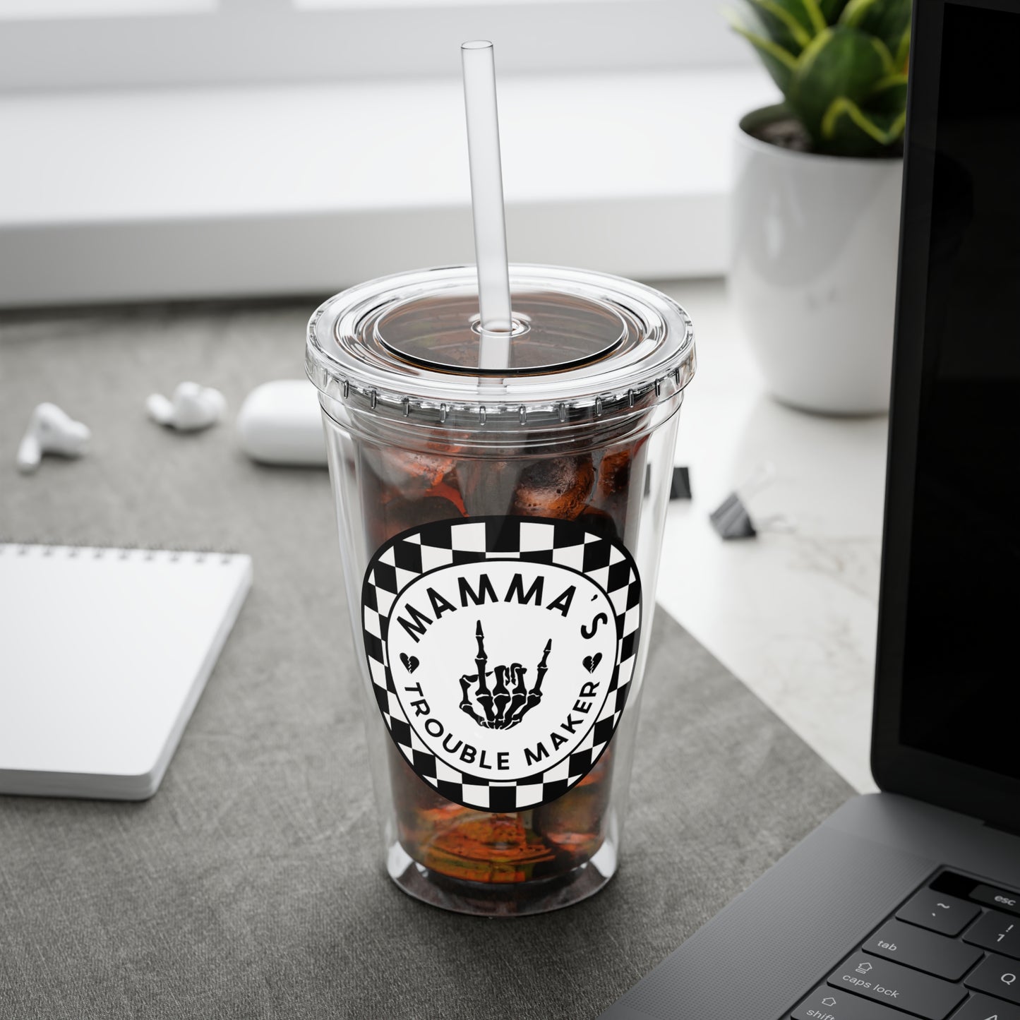 🖤⚡ 16oz-MAMMA’S TROUBLE MAKER CHECKERBOARD TUMBLER – FOR THE MINI REBEL WITH BIG ENERGY ⚡🖤