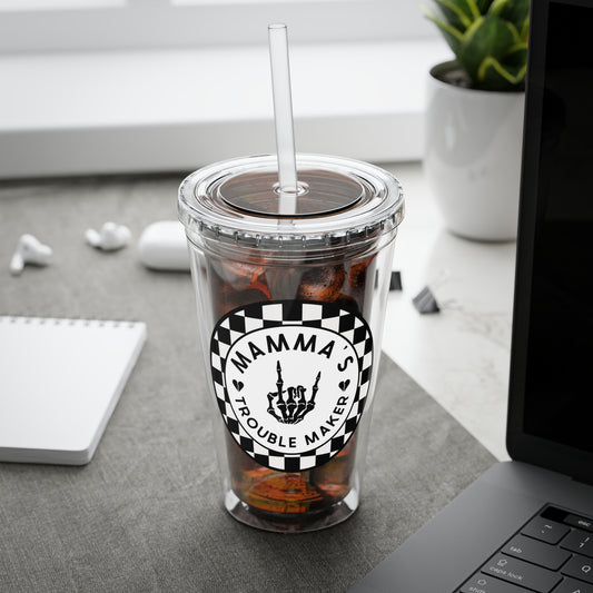 🖤⚡ 16oz-MAMMA’S TROUBLE MAKER CHECKERBOARD TUMBLER – FOR THE MINI REBEL WITH BIG ENERGY ⚡🖤