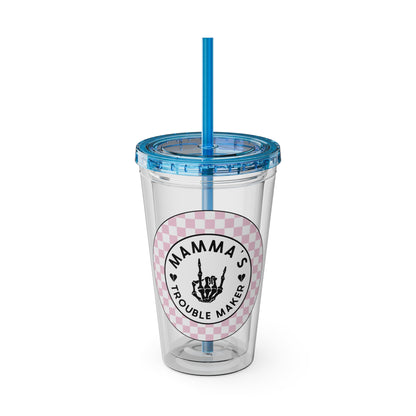 💖💀 MAMMA’S TROUBLE MAKER – PINK CHECKERED 16 OZ TUMBLER 💀💖