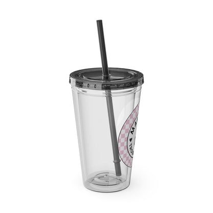 💖💀 MAMMA’S TROUBLE MAKER – PINK CHECKERED 16 OZ TUMBLER 💀💖