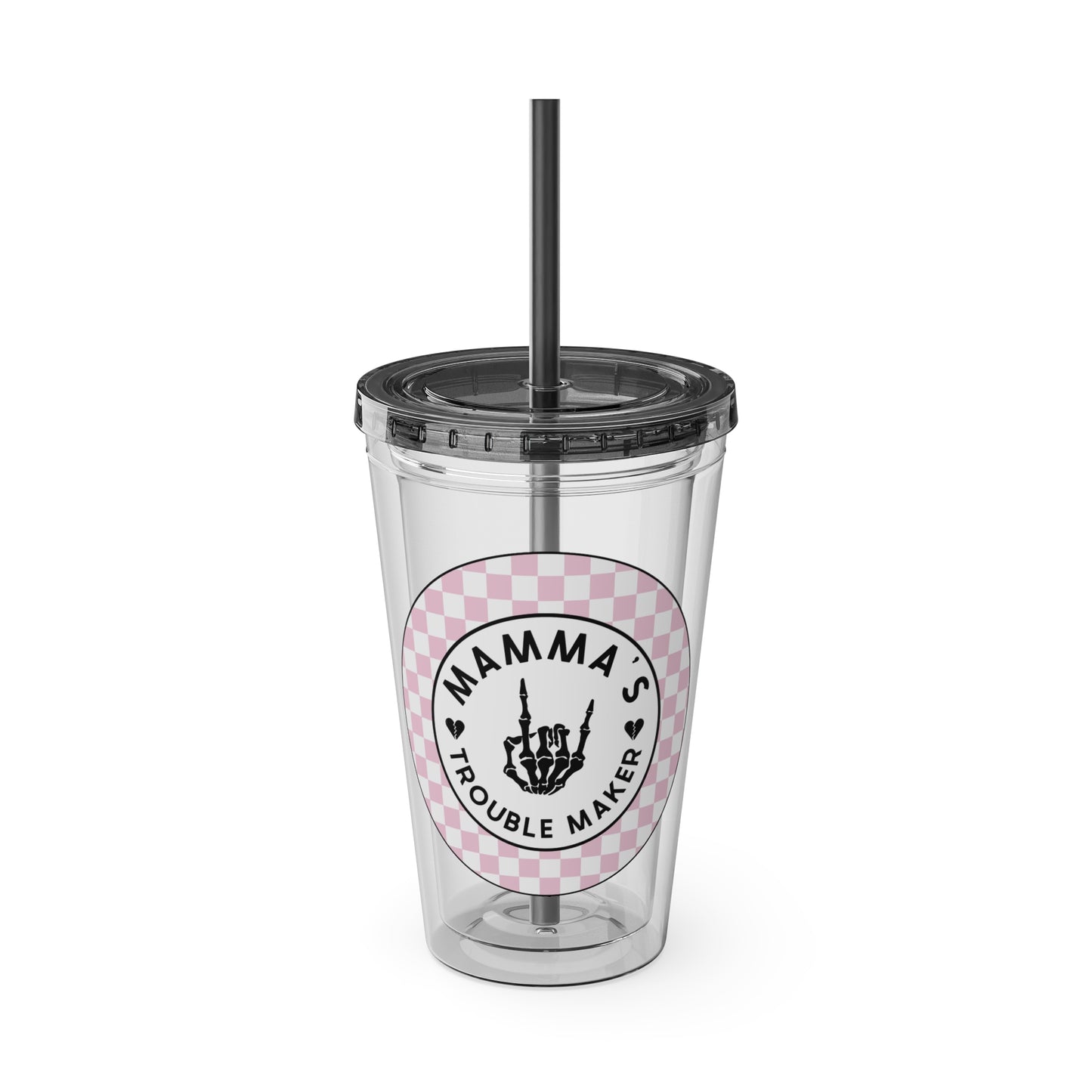 💖💀 MAMMA’S TROUBLE MAKER – PINK CHECKERED 16 OZ TUMBLER 💀💖