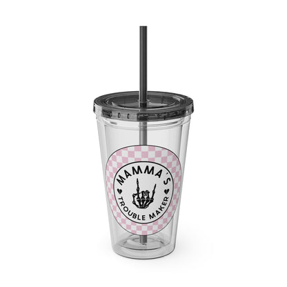 💖💀 MAMMA’S TROUBLE MAKER – PINK CHECKERED 16 OZ TUMBLER 💀💖