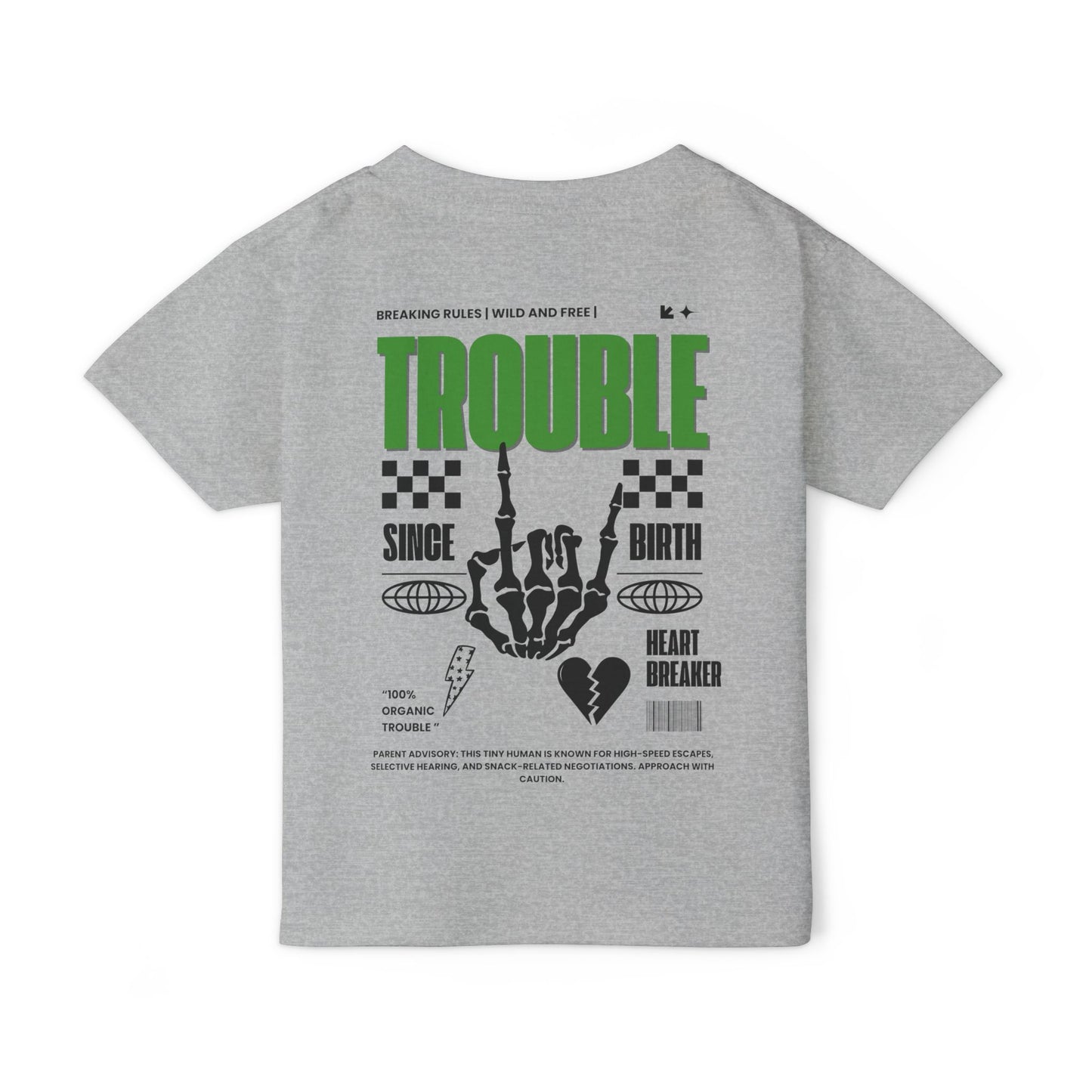 "Trouble Since Birth-Green Back" Toddler Tee – For the Wild & Free! 🤘⚡