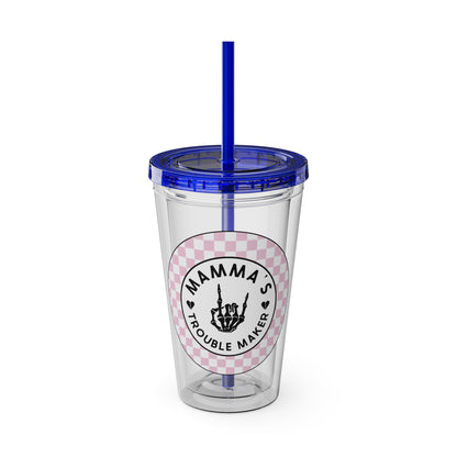 💖💀 MAMMA’S TROUBLE MAKER – PINK CHECKERED 16 OZ TUMBLER 💀💖