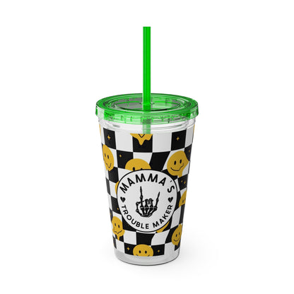 🖤⚡ MAMMA’S TROUBLE MAKER 16 OZ STRAW TUMBLER – CHAOS WITH A SMILE ⚡🖤